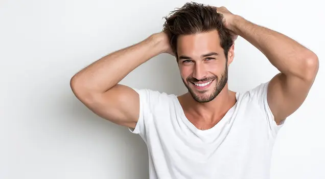 Smiling man touching his hair showing healthy hair after treatment